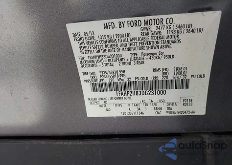 2013 Ford Taurus Sel из США, поврежденный, VIN 1FAHP2H83DG231000